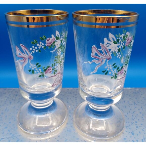 2 Antique Moser Enameled Pedestal Glasses Gold Rim Purple Floral Swags Design - Picture 6 of 16